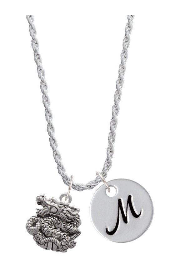 Silvertone Chinese Dragon Silvertone Script Initial Disc - M - Charm Necklace, 20"+3"