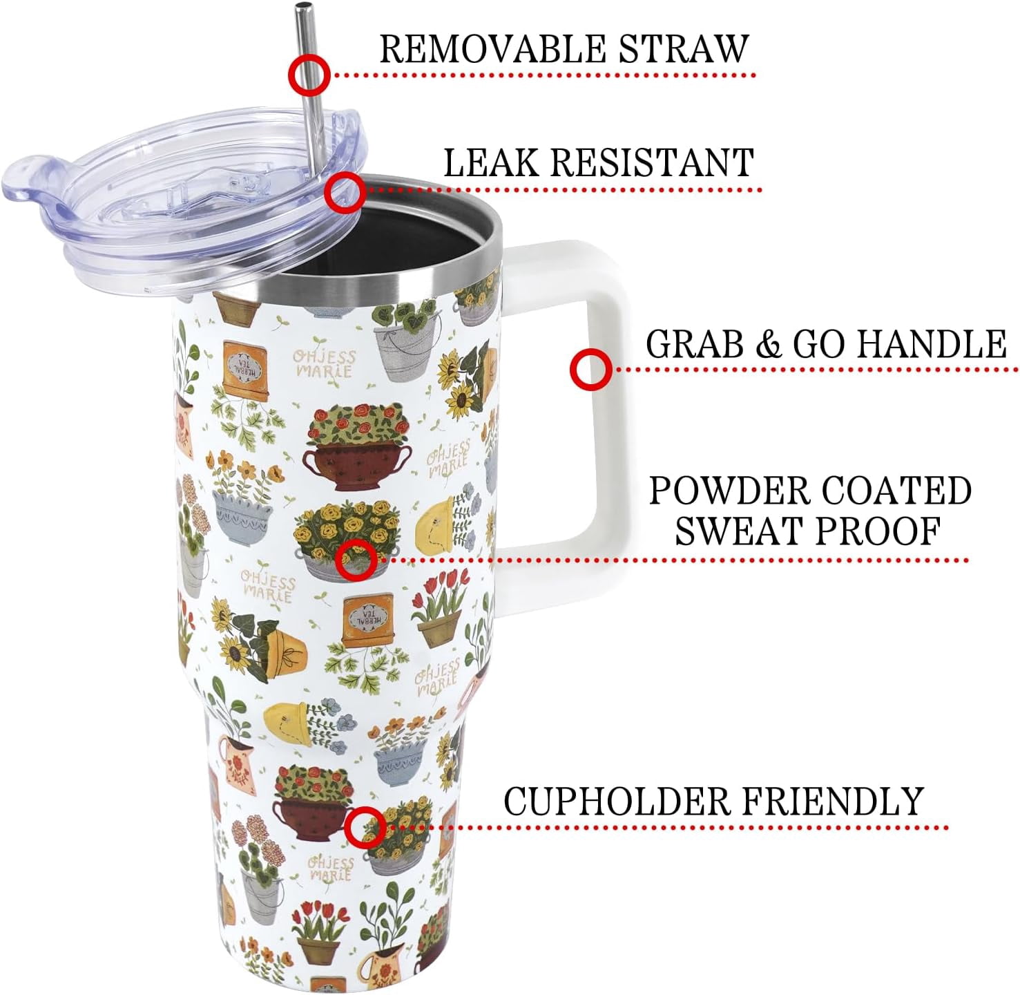 Flower Pot Tumbler with Handle and Straw Lid 40 oz,Cute Spring Summer Gift for Women Men Vacuum Insulated Leak Proof Stainless Steel Coffee Cup Mug