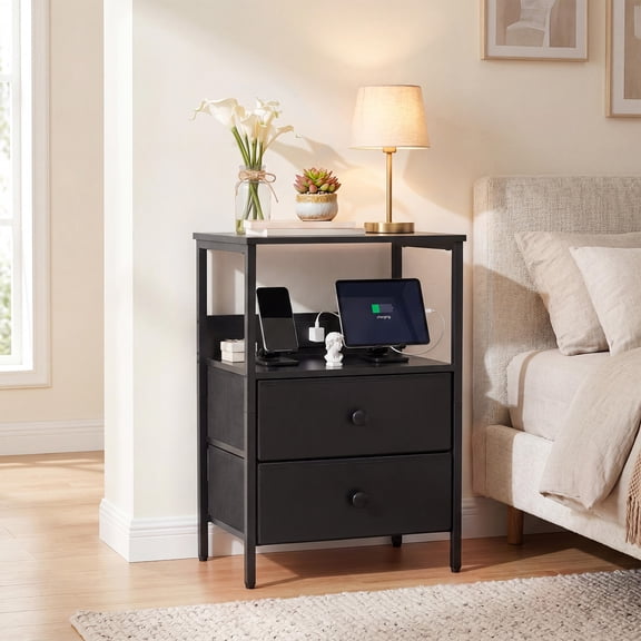 Nightstand with Charging Station, Compact Night Stand End Table with 2 Fabric Drawers & Open Storage Shelf, Side Table with USB, Type c Ports & Outlets, Modern Bedside Table for Bedroom, Black
