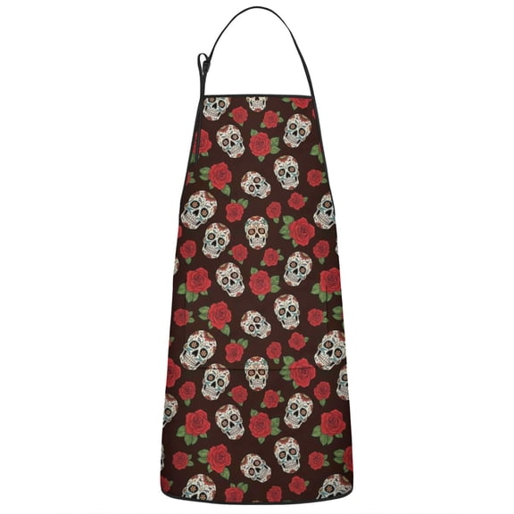 Brown Skull Rose Pattern Apron-Garden Aprons for Women with Pockets-Cotton Linen Waterproof Kitchen Cooking Gardening Aprons Adjustable for Kitchen,Cooking,BBQ and Salon 33x27 Inch