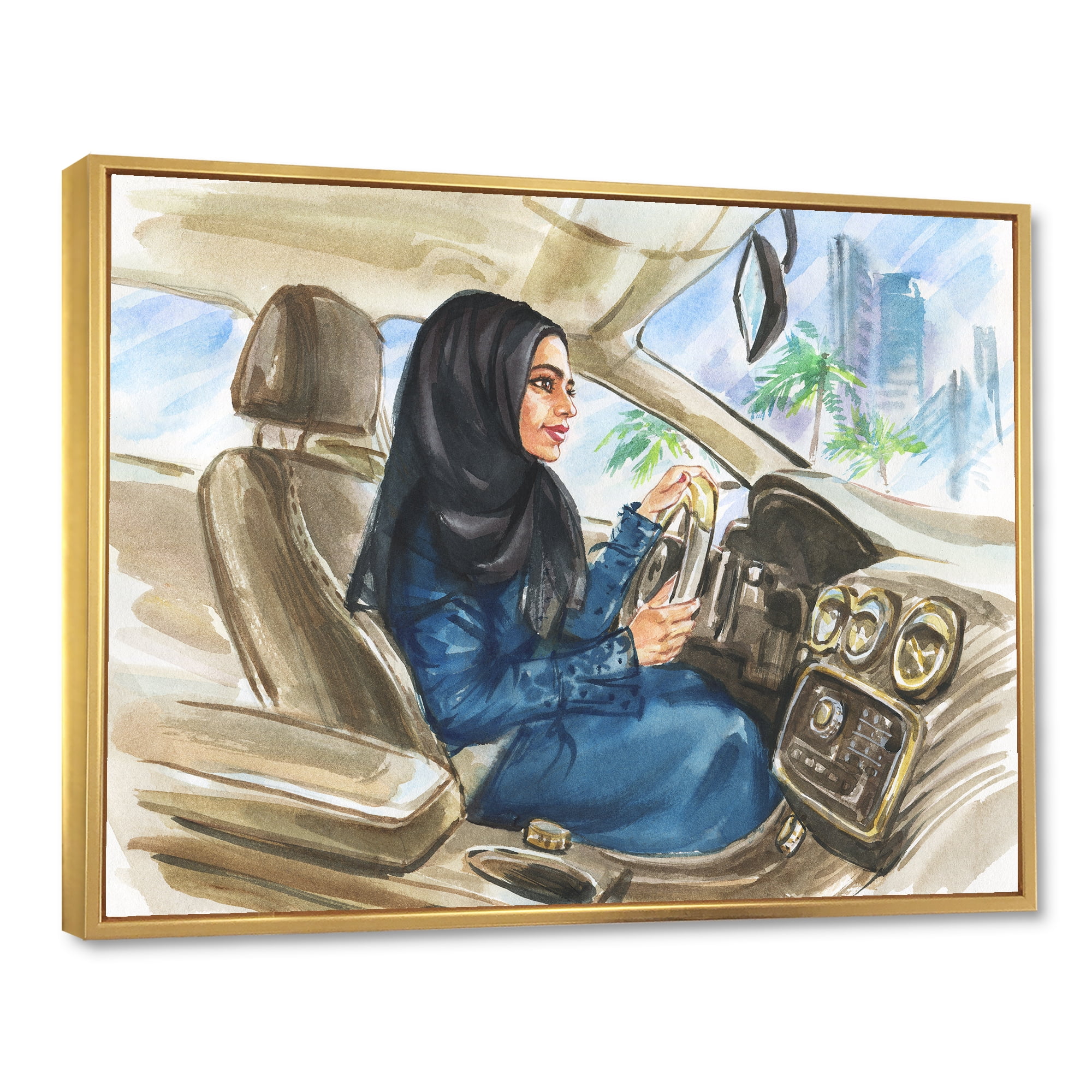 Designart 'Arabian Lady Driving A Car I' Modern Framed Canvas Wall Art Print