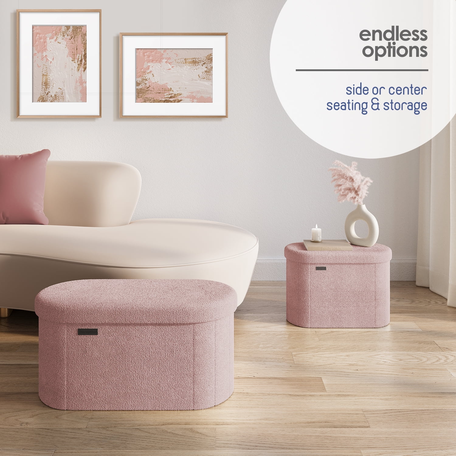 Hearth & Harbor Oval Storage Ottoman Bench, Boucle 30" Ottoman with Storage , Pink