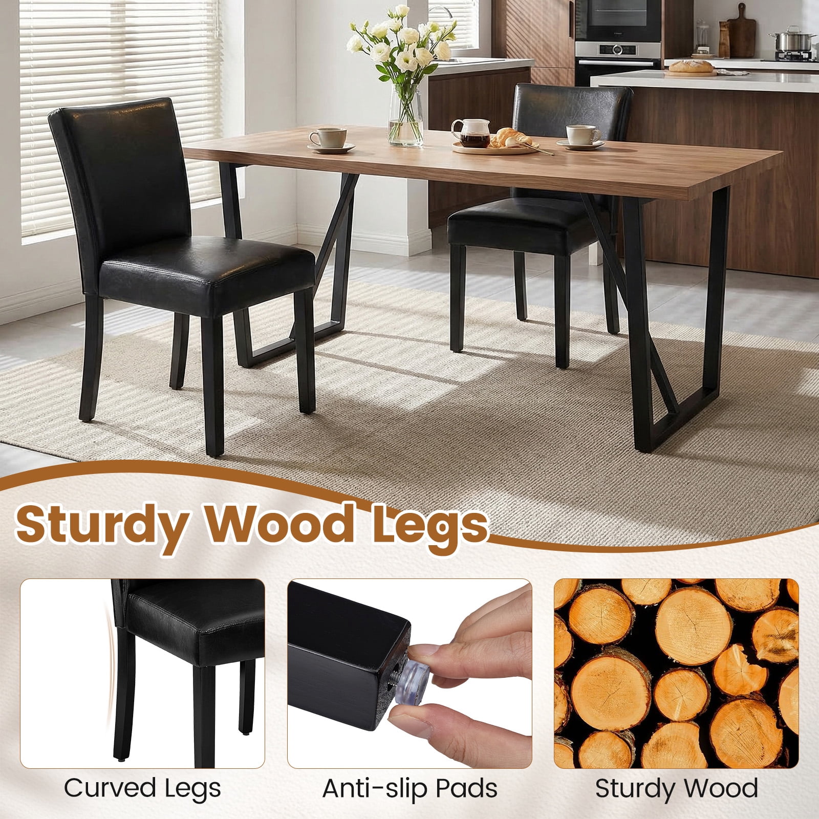 Firmoz Set of 4 Faux Leather Dining Chairs, Upholstered Modern Kitchen Chairs with Wood Legs, Black