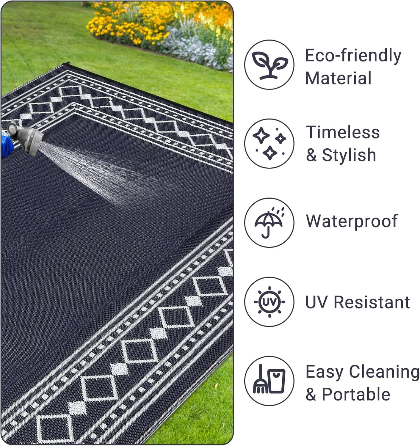 Funslane 10' x 14' Waterproof Outdoor Rug, Reversible Plastic Straw Patio Mat, Easy to Clean & Portable, for Deck, RV, Camping & Balcony, Navy/White