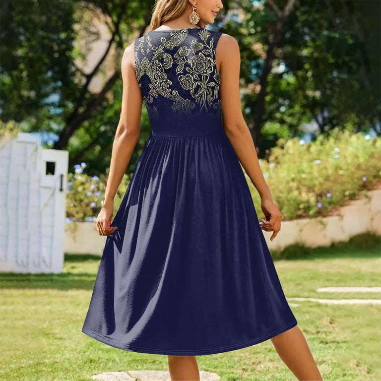 Women's Pullover Sleeveless Midi Dress Retro Print Round Neck Casual Dress  with Kangaroo Pockets and Raw Hem for Errand Runs,Dark Blue M - Walmart.com