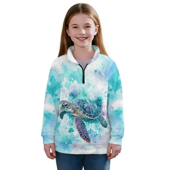 Uorisanigo Girls Oversized Sweatshirts Blue Sea Turtle Half Zip Pullover Sweatshirt for Teen Girl Lightweight Long Sleeve Pullover Top Quarter Zip Hoodies No Hood Fall Winter Clothes