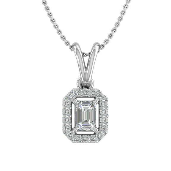 1/3 Carat Emerald Cut Halo Diamond Pendant Necklace in 14K White Gold (Included Silver Chain)
