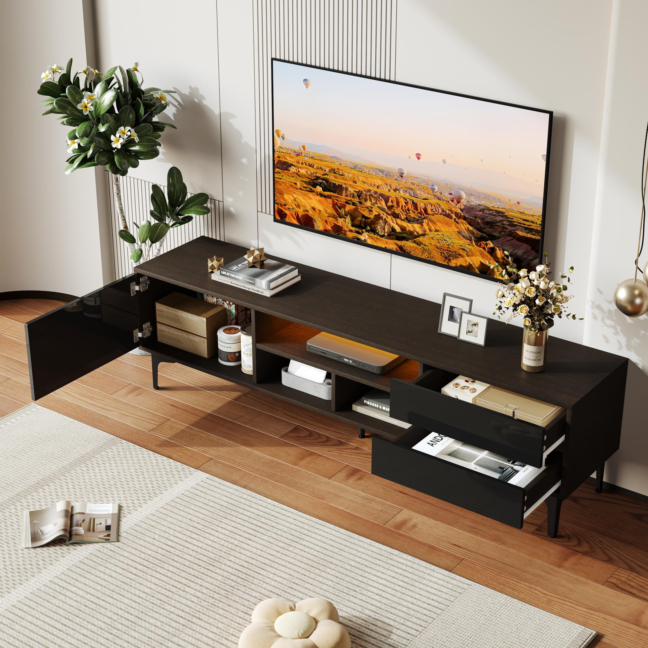 SESSLIFE TV Stand for 70 Inch TV, TV Console Table with RGB LED Lights, Modern Wood Entertainment Center with Cabinet and Drawers, TV Cabinet for Living Room, Bedroom, Black
