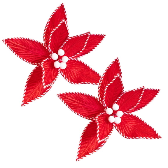 Poinsettia Christmas Flowers, Red White Velvet Holiday Decor for Christmas Tree Wreath Garland, 2 Piece
