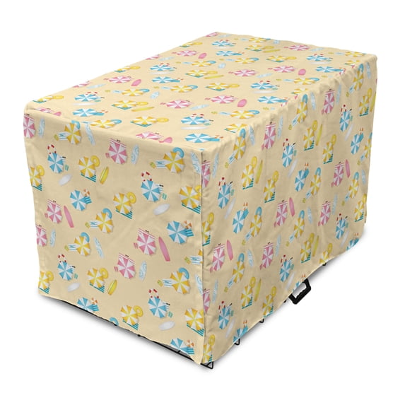 Summer Dog Crate Cover, Beach Fun Umbrellas Surfboard Flip Flops Life Sunbathing Repetition, Easy to Use Pet Kennel Cover Small Dogs Puppies Kittens, 7 Sizes, Pale Pink and Yellow, by Ambesonne