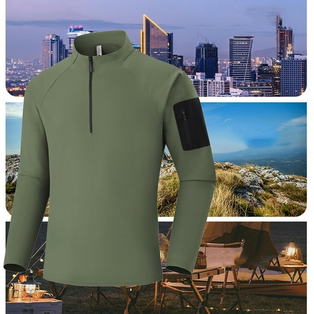 Blusa y camisa de manga larga con cuello alto para hombre, informal, a la moda, de color liso, con media cremallera, de manga larga, para correr, fitness, ejercicio al aire libre, blusa de poliéster p