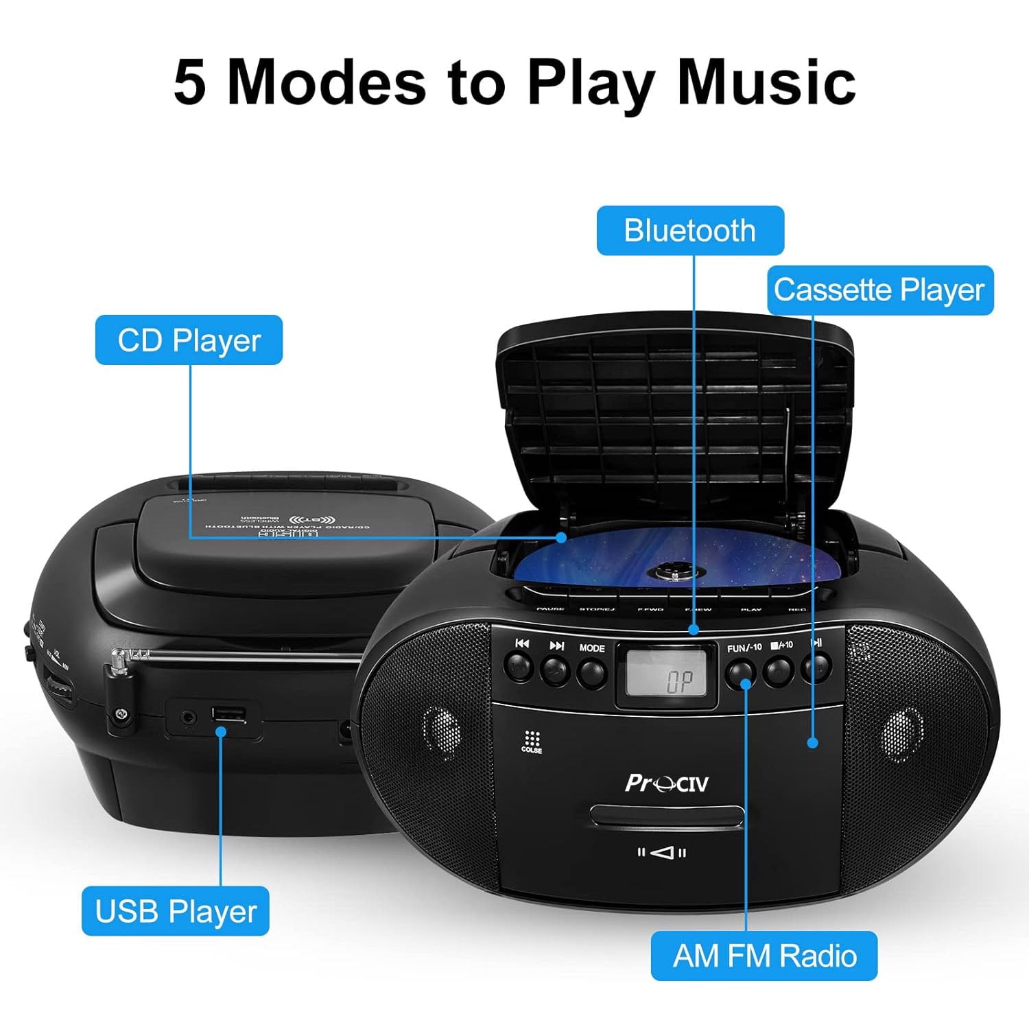 Prociv CD Player Boombox Cassette Player Combo with Bluetooth, AM/FM Radio,Stereo Sound with Remote Control,AUX/USB Drive,Tape Recording,AC/DC Powered,Headphone Jack,LCD Display for Home,Senior,Child