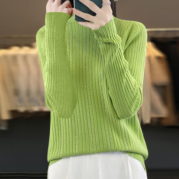 Suéter de cuello alto para mujer, sólido, de moda, con temperamento, cuello semialto, con incrustaciones de diamantes brillantes y incrustaciones de ladrillo, jersey holgado, blusa de punto para mujer
