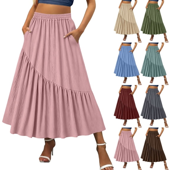 Purcolt Women High Waisted Knee-Length Skirt Solid Color Casual Skirts A-Line Elastic Waist Skirt