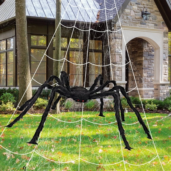 275” Halloween Spider Web   78” Giant Spider Decorations Fake Spider with Triangular Huge Spider Web for Indoor Outdoor Halloween Decorations Yard Home Costumes Parties Haunted House Décor