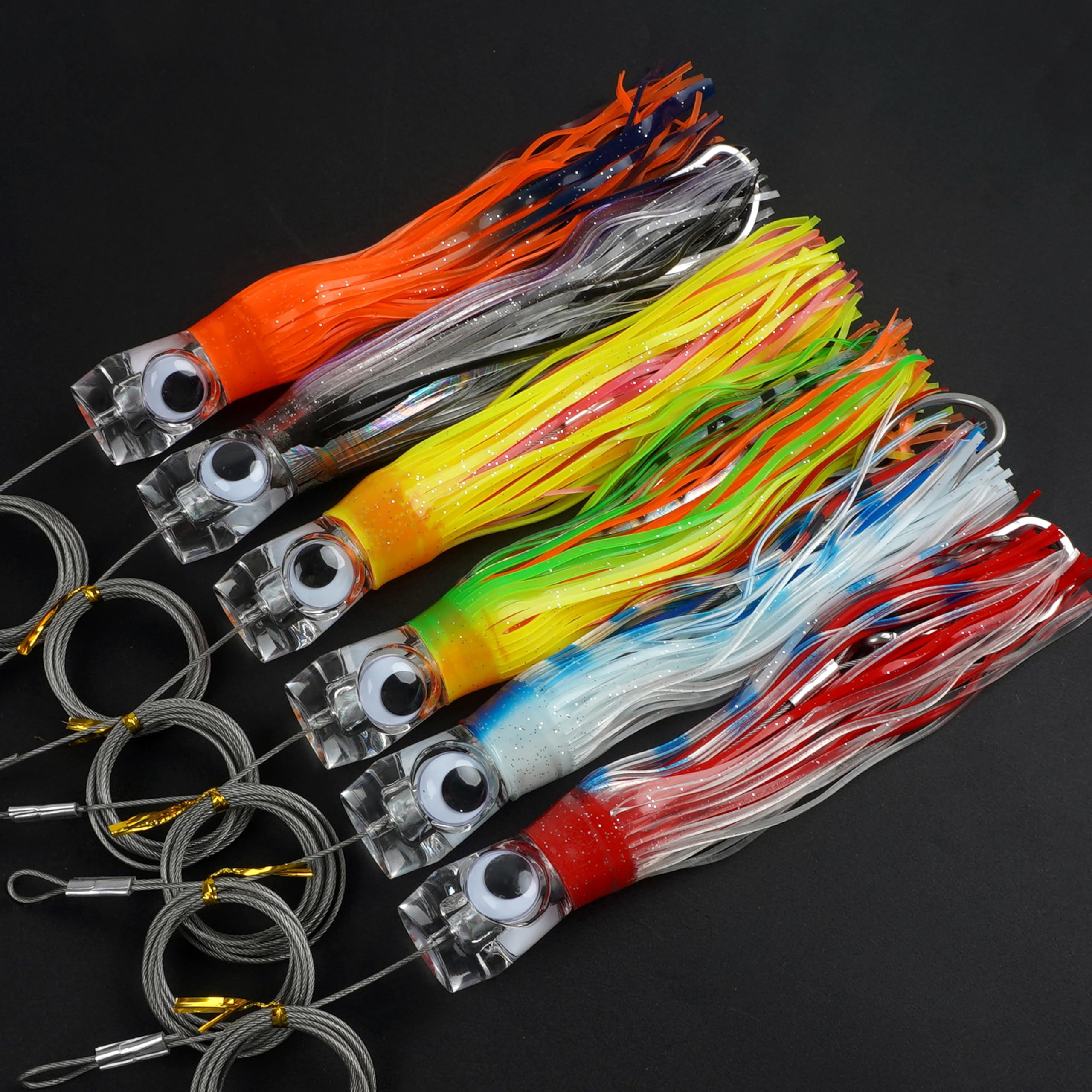 6pcs Trolling Lure Saltwater, 9inch Squid Skirted Deep Sea Fishing Lure Kit Wire Rigged Tuna Marlin Wahoo Shark Mahi Trolling Fishing Lures with Mesh Bag