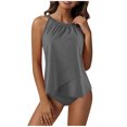 thumbnail image 4 of MGDXOX Women's Halter Neck Tankini Set Ruffled Layered Two Piece Swimsuit Tummy Control Solid Fashion Bathing Suit Gray L, 4 of 8