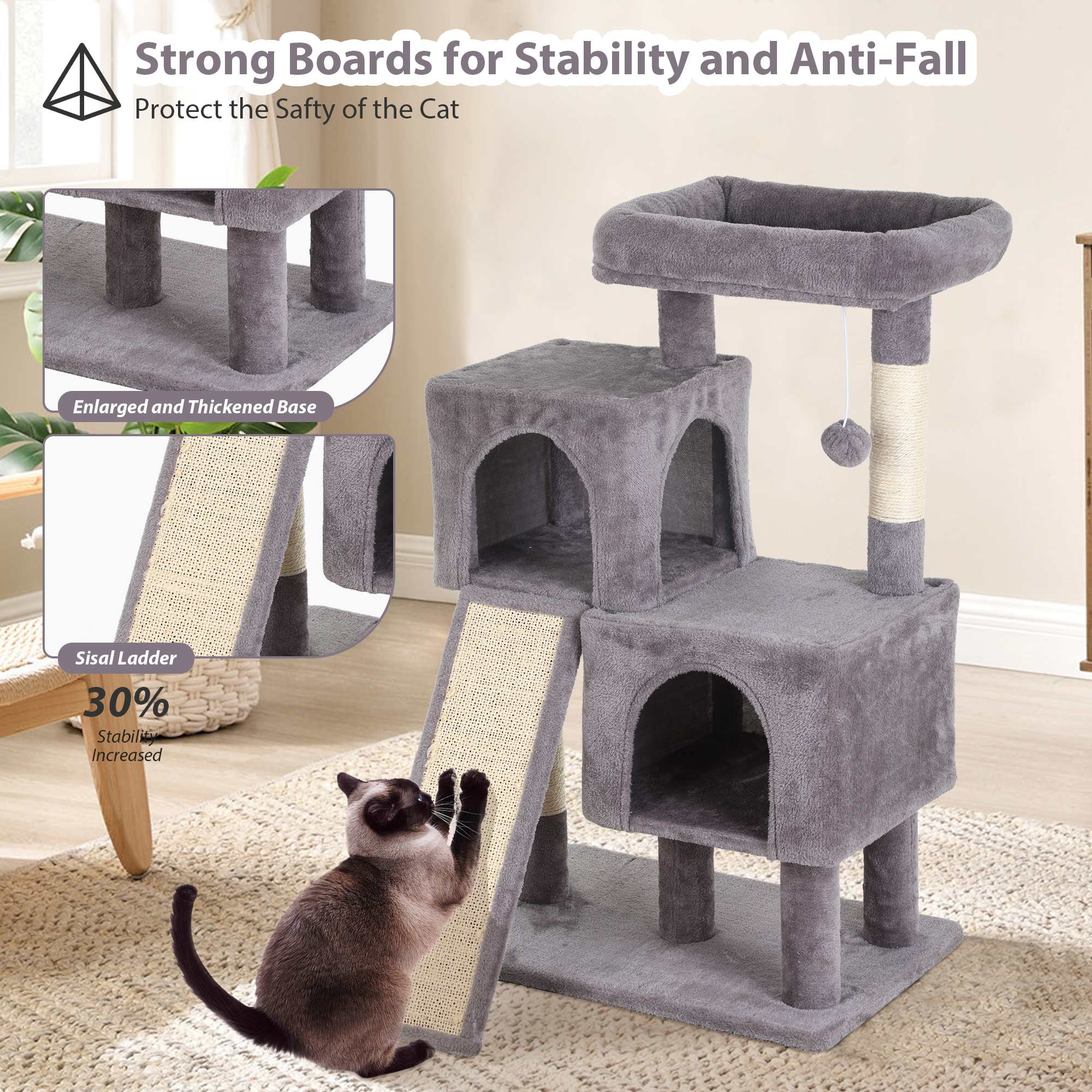 CL.HPAHKL Modern Small Cat Tree Tower with Dual Condos, 36 Inches Cat Tower with Scratching Post Multi-Level Cat Furniture Condo with Ramp for Indoor Cats Cat Cave Beds for Kittens, Ashy