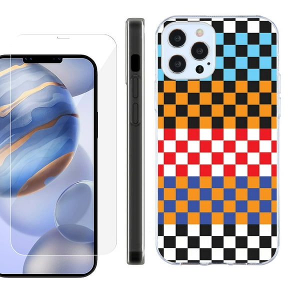 Slim Fit Protective Phone Case for Apple iPhone 12 / iPhone 12 Pro, with Tempered Glass Screen Protector, by OneToughShield ® - Colorful Checker