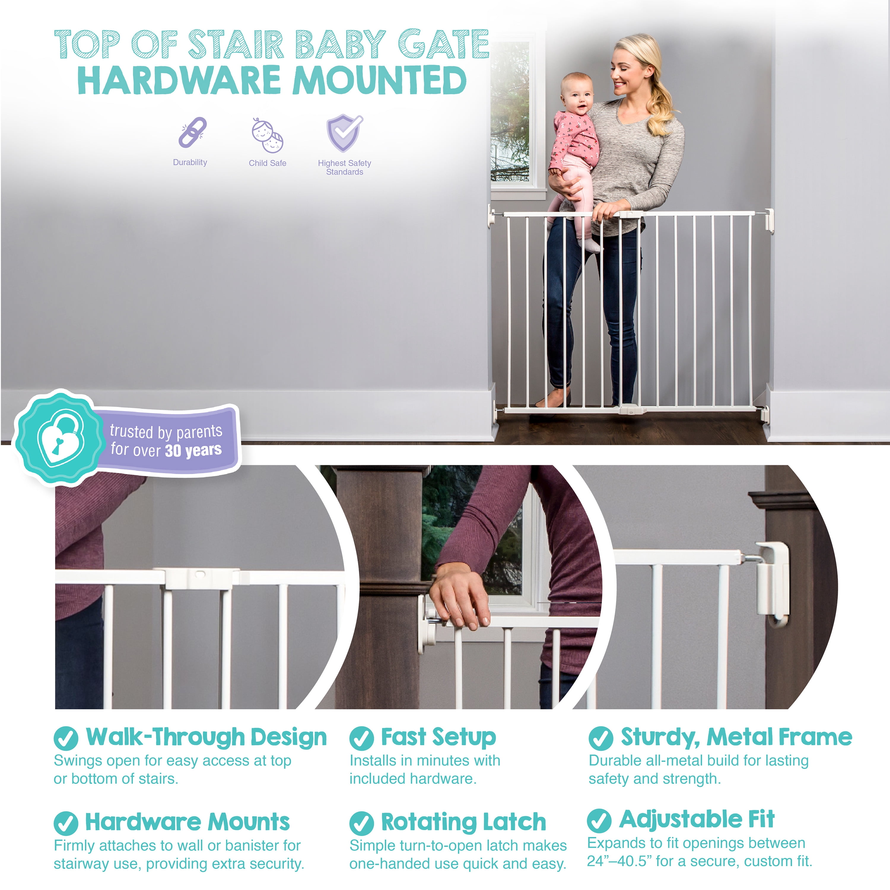 Regalo Extra Wide 2-in-1 Stairway & Hallway Baby Safety Gate with Mounting Kit, 24-40.5 in, Ages 6-24 Months