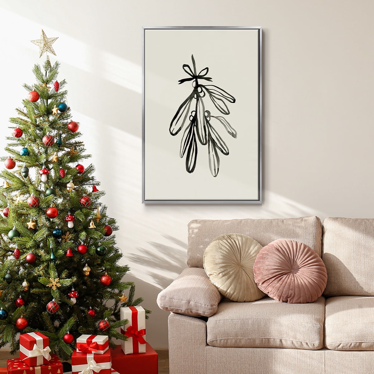 Mistletoe Sketch with Bows I - Framed Gallery Wrapped Holiday Canvas - 25 x 37 - Silver Frame
