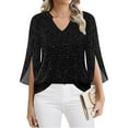 thumbnail image 2 of WULMLEO Sparkle Tops for Women 3/4 Sleeve V Neck Sparkly Top Glitter Bling Sequin Cocktail Disco Going Out Blouses Outfits Black S, 2 of 8