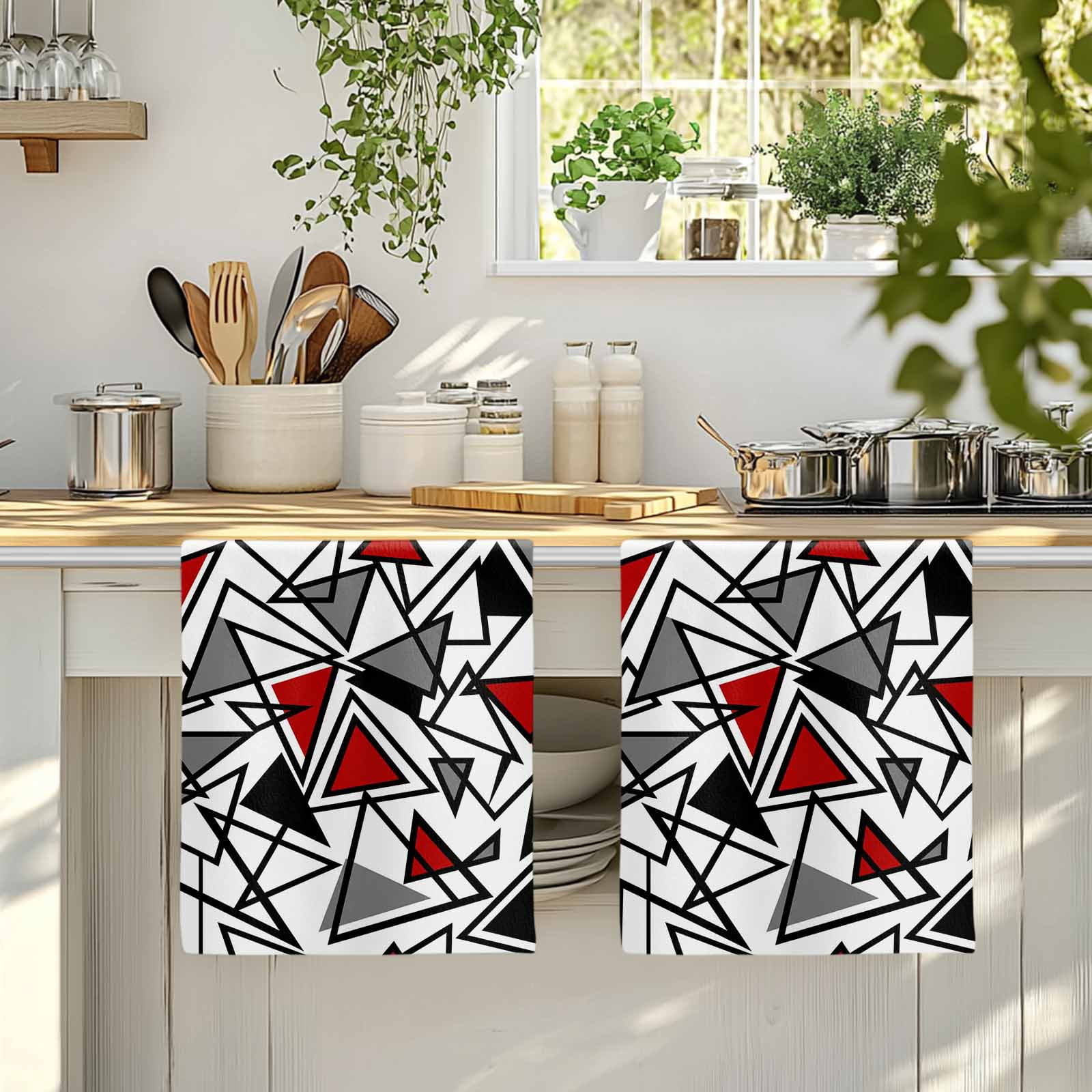 Dish Towels, Red Grey Geometric Absorbent Kitchen Towels 2 PCS, Triangle Modern Art Microfiber Hand Towels Dish Cloths Tea Towels for Home&nbsp;Bathroom Cleaning Drying,18X28-Inch,