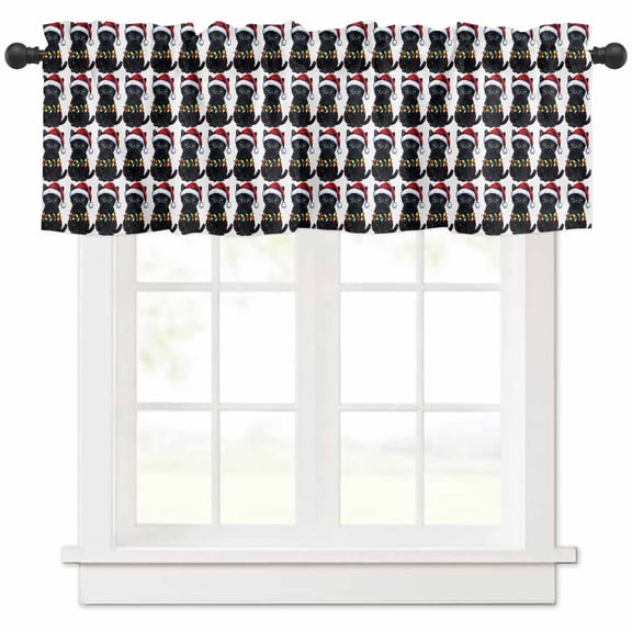 Christmas Valances for Windows, Winter Cat Santa Hat White Background Light Filtering Window Treatment Valances, Rod Pocket Small Curtains for Kitchen/Bathroom, 60"x14"