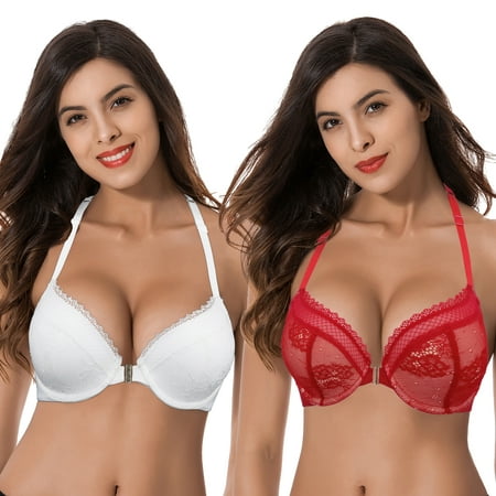 

Curve Muse Womens Plus Size Add 1 Cup Push Up Underwire Halter Front Close Bras-2PK-RED WHITE-44DDD