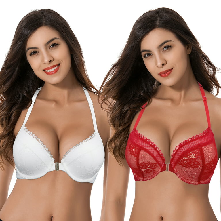 Curve Muse Womens Plus Size Add 1 Cup Push Up Underwire Halter Front Close  Bras-2PK-RED,WHITE-34DDD 