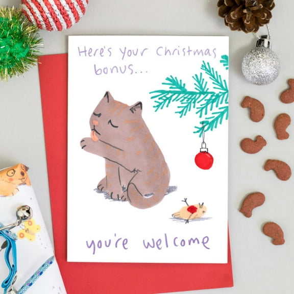 Funny Christmas Card – "Here's Your Christmas Bonus" Cat Design – Blank Inside – Perfect Holiday Greeting for Friends, Family & Coworkers