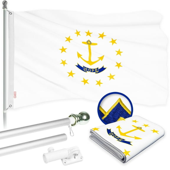 G128 Combo Pack: 6 Ft Tangle Free Aluminum Spinning Flagpole (Silver) & Rhode Island No Golden Border State Flag 3x5 Ft, ToughWeave Series Embroidered 300D Polyester | Pole with Flag Included