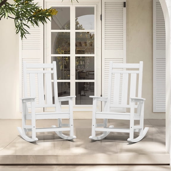 KINGYES Outdoor Rocking Chair Set of 2 HDPE All Weather Patio Rocker for Garden Lawn, White