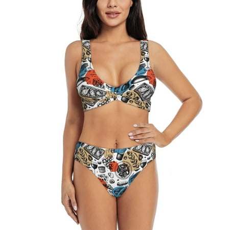 Zeuib French Food High Waisted Tummy Control Bikini Set - Knot Front Push Up Top & Cheeky Thong Bottom  Two-Piece Swimsuit for Women-Small