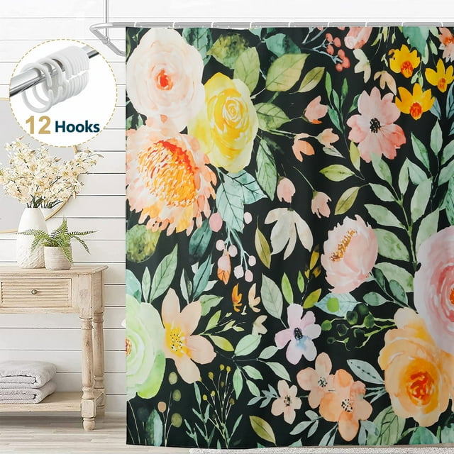 Dznils Rideau de Douche en Tissu Boho à Motif Floral, Rideau de Salle de Bain Moderne avec 12 Crochets, 72 Pouces x 72 Pouces, Noir