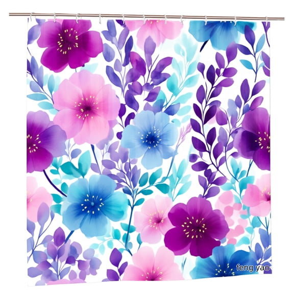 Amarainy Polyester Shower Curtain Floral Pattern Purple Pink Blue Flowers For Home Bathroom Bath Tub Decoration 72x72 inch