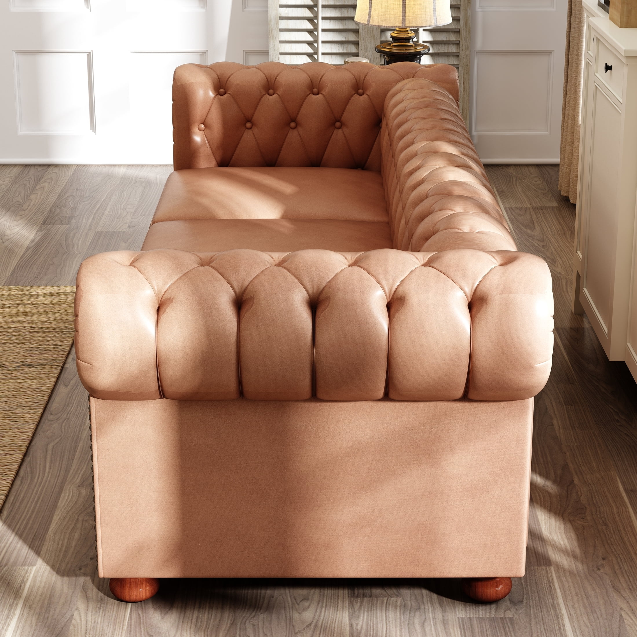 Noodeniya Chesterfield Sofa with Rolled Arms, Upholstered Sofa Padded Seat, Button Tufted Sofa with Nailhead Trim and Backrest, Faux Leather Couch, Brown