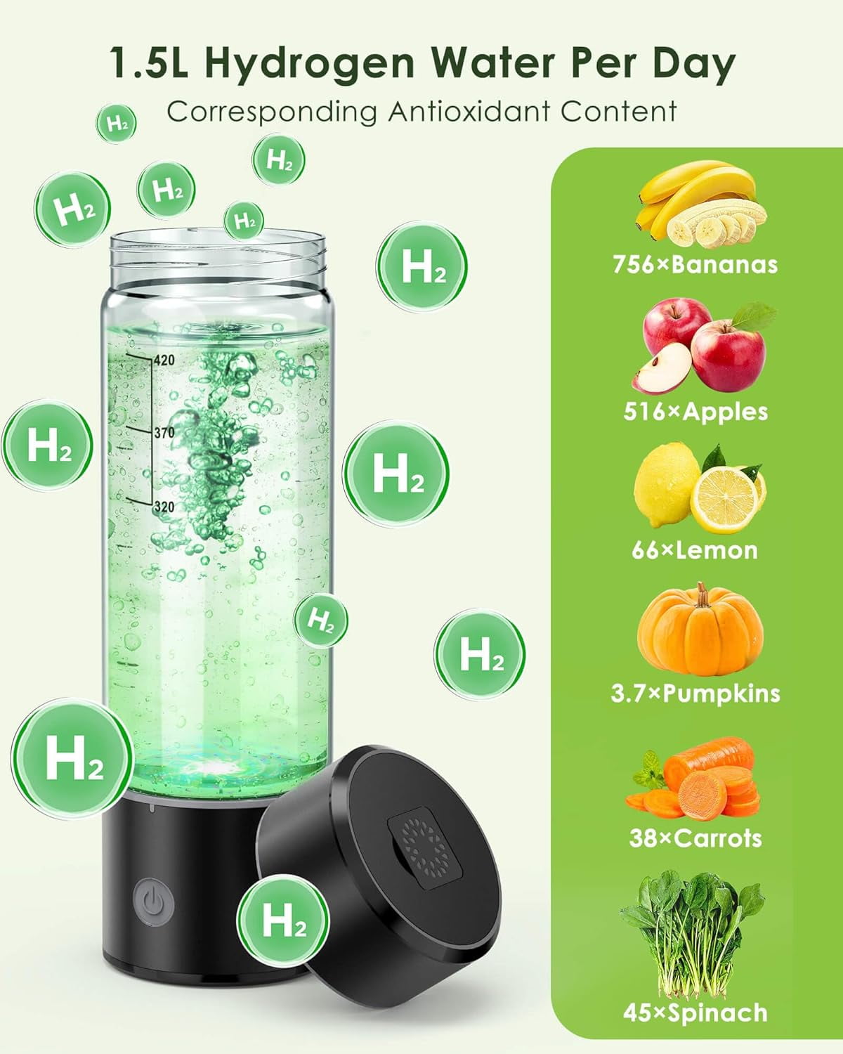 Tikeitoo Hydroh Original Hydrogen Water Bottle 14oz, Portable Hydrogen Water Bottle, Advanced Hydrogen Rich Water Maker with SPE/PEM for Home Office Fitness Travel Drinking