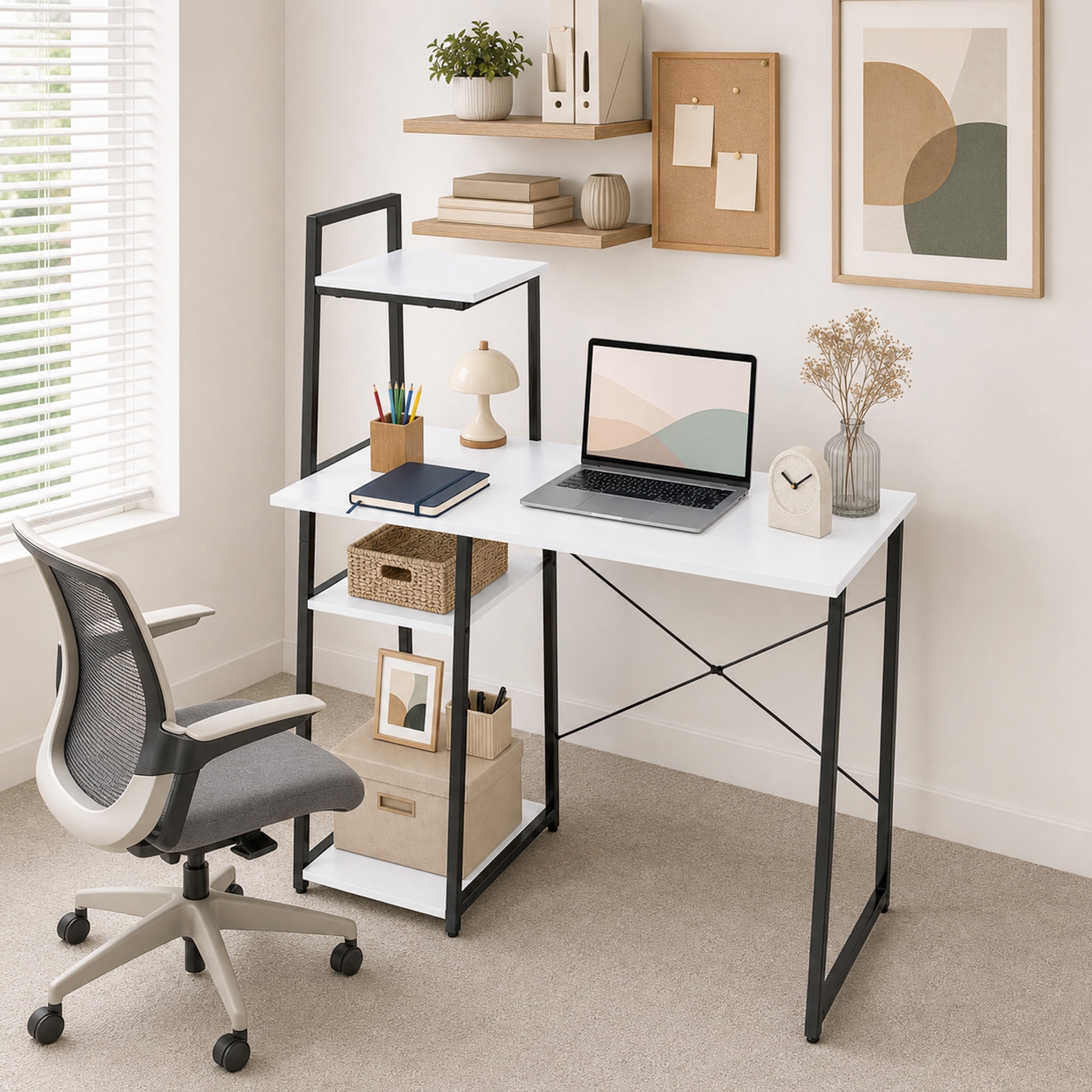 39.5" Computer Desk with Shelves and 3-Tier Storage Bookshelf, Laptop PC Work Table Writing Desk for Small Spaces, White