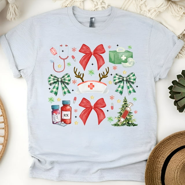 Nurse Holiday Bow Shirt | Christmas Medical Graphic Tee, Ash, Size S