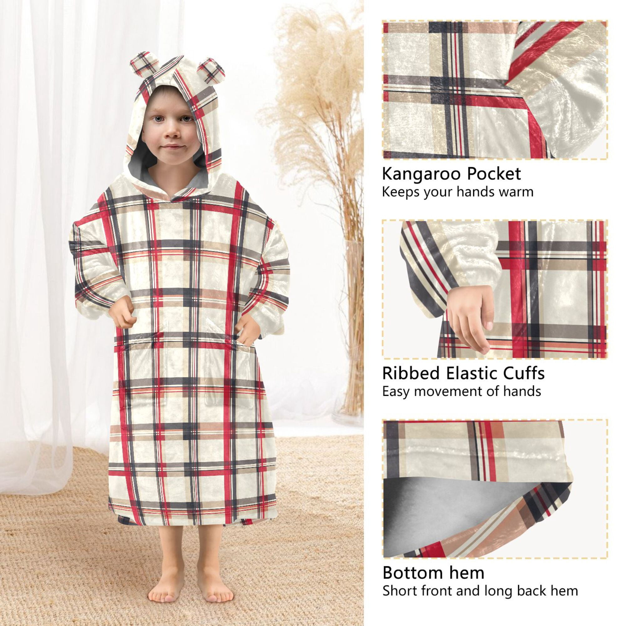 FORMRS Wearable Blanket Hoodie with Sleeves for Kids Cozy Flannel Sweatshirt, Red Tartan