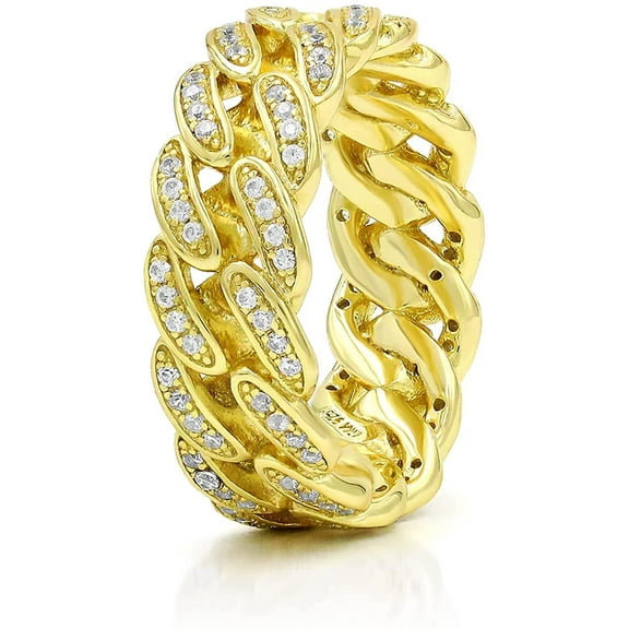 .925 Sterling Silver Gold Plated Miami Cuban Link Band Ring, Micro Pave Cubic Zirconia, Giorgio Bergamo Size 8