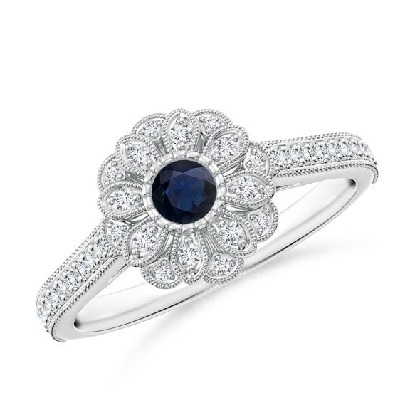 ANGARA Natural Vintage Inspired Sapphire Floral Halo Ring with Milgrain in 14K White Gold for Women (Size-3.5mm) | September Birthstone, Anniversary, Jewelry Gift for Women | Natural Sapphire Ring