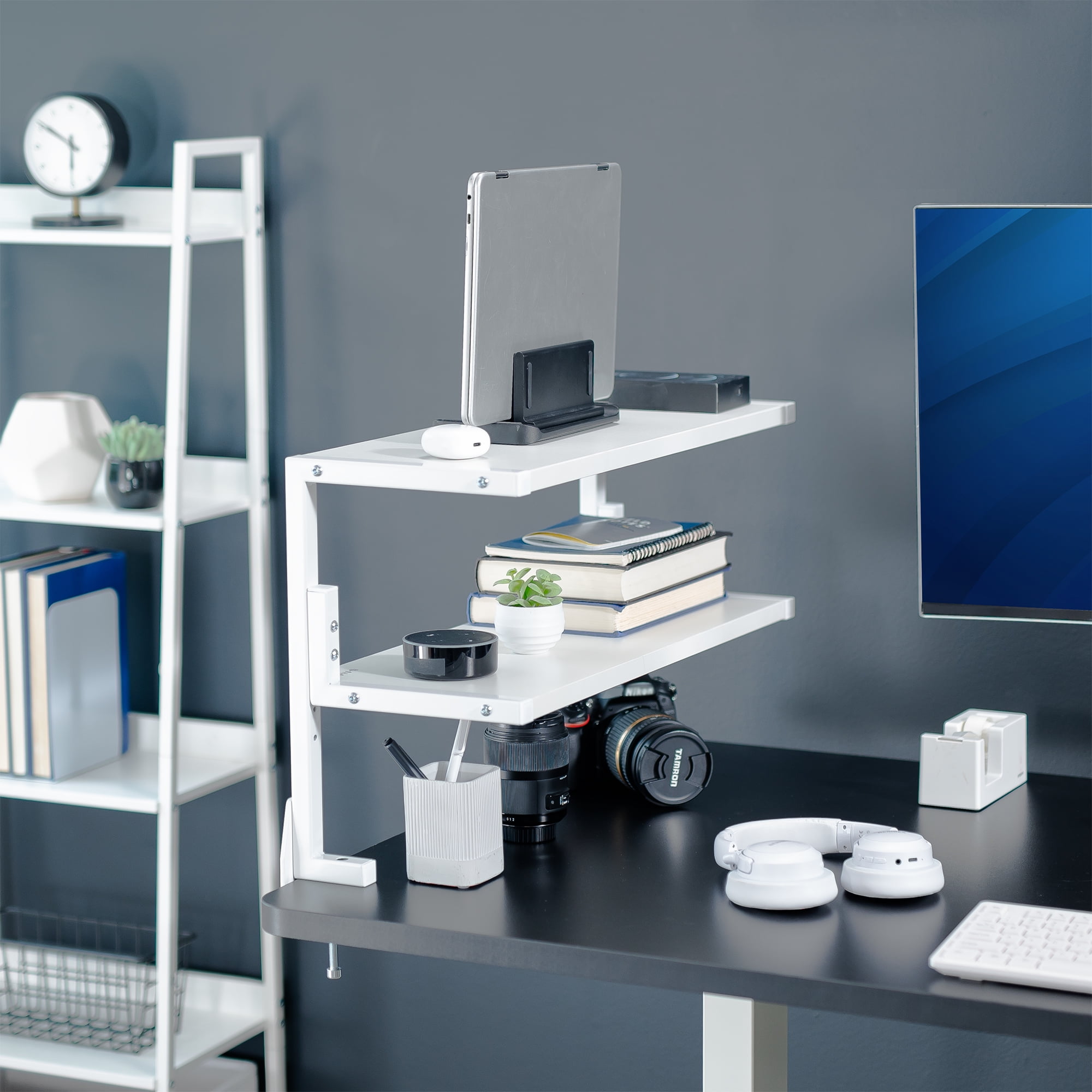 VIVO White Clamp-on 24" Above or Below Desk 2-Tier Shelving Unit, Desk Organizer