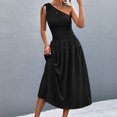 thumbnail image 6 of Summer Saving Wycnly Summer Dresses for Women Casual Solid Empire Waist Pleated Swing One Shoulder Dresses 2024 Sleeveless Slash Neck Plain Long Formal Dress Black l, 6 of 7