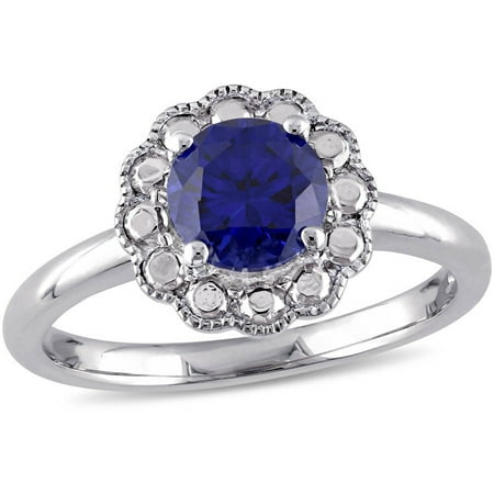 Tangelo 1-1/4 Carat T.G.W. Created Blue Sapphire 10kt White Gold Flower Cocktail Ring