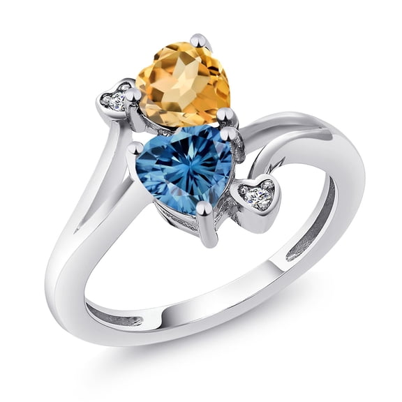 Gem Stone King 925 Sterling Silver Yellow Citrine Persian Blue Moissanite and White Moissanite Ring for Women (1.48 Cttw, Heart Shape 6MM, Gemstone November Birthstone, Size 5)