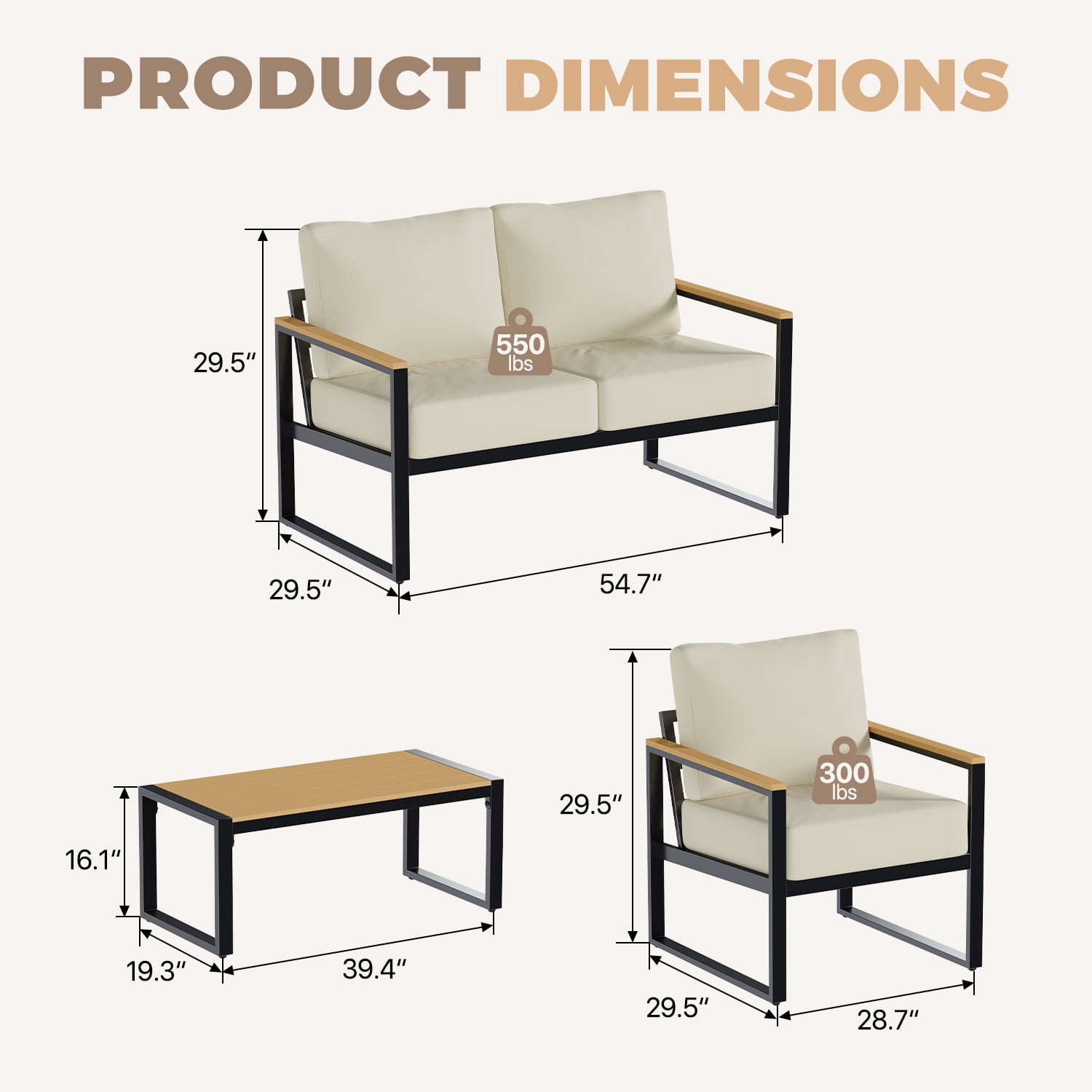 BaPiPro 4PCS Outdoor Exposed Tube Sofa Set, Beige Modern Sturdy Steel Frame & PS Composite Wood Armrest Patio Furniture Set with Coffee Table, All-Weather Removable Washable Polyester Cushions for Ba
