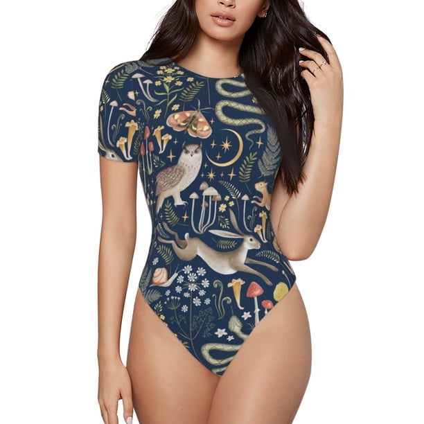 Balery Retro Forest Animals Body de cuello redondo de manga corta para mujer Tops de manga corta Tops básicos-X-Large