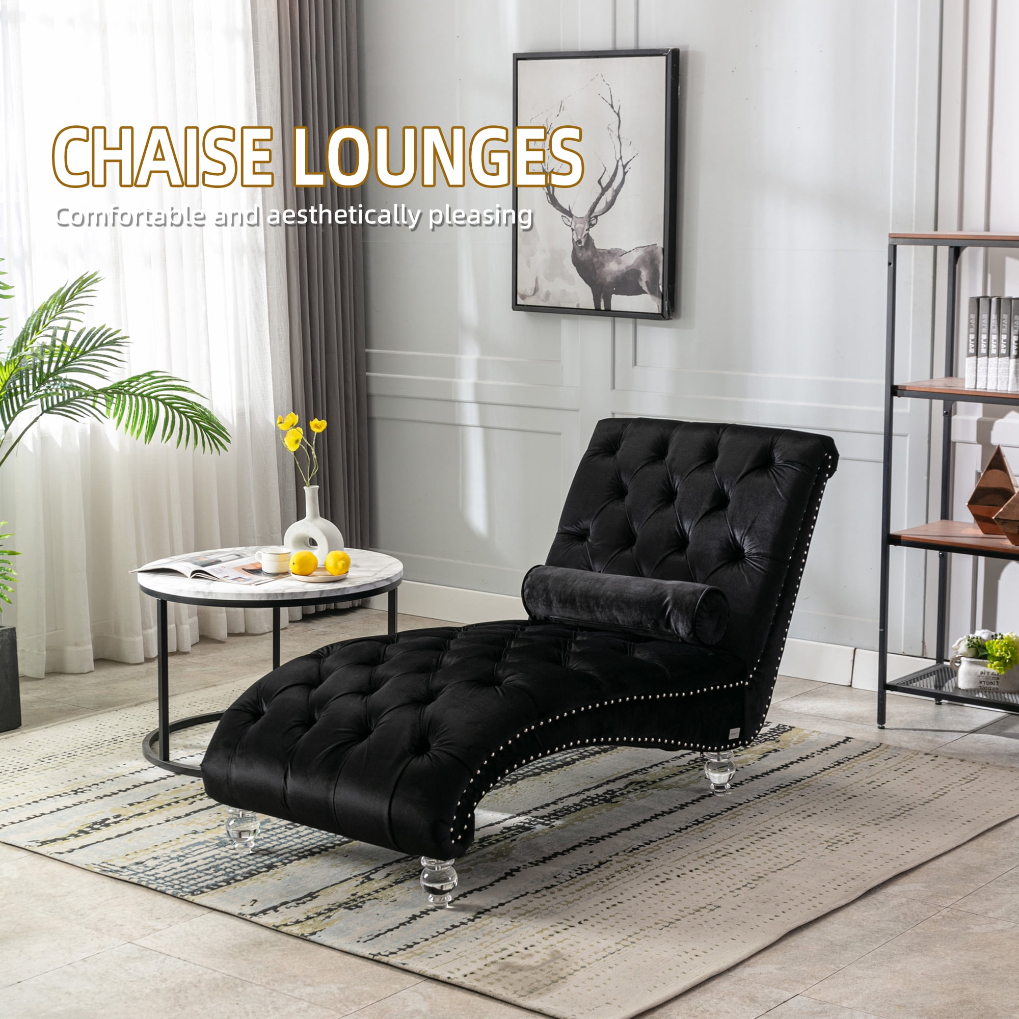 MOONMISS Velvet Chaise Lounge Chair Button Tufted Upholstered with Pillow Indoor